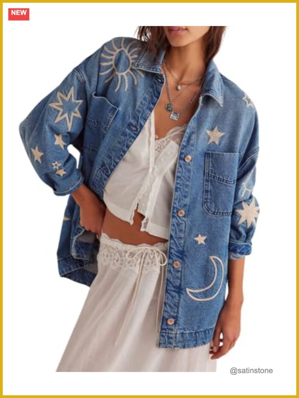 Oversized Embroidered Denim Jacket Button Down Loose Fit Jean Jacket